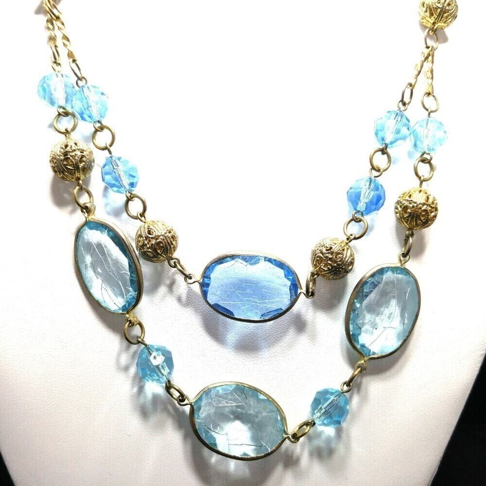 Vintage Blue Lucite Bead Necklace Gold Silver Tone Two Strand Layered 32 Inch